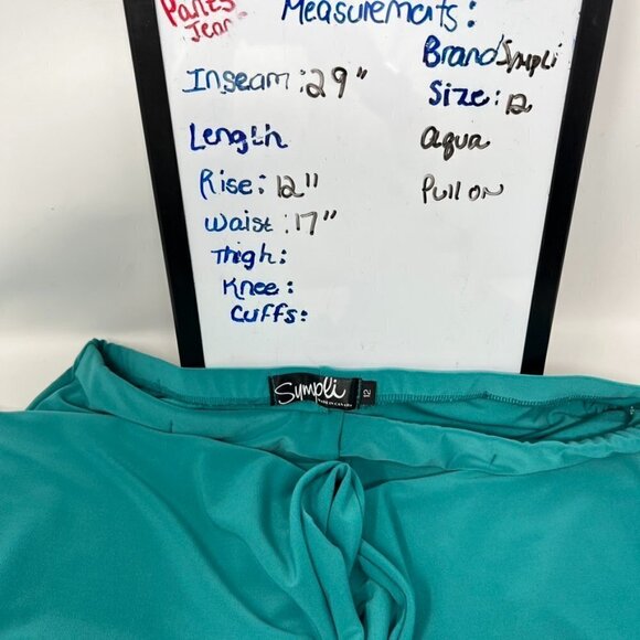 Sympli Teal High Rise Pull On Knit Scalloped Cross Over Wide Leg Pants Size 12 - Picture 4 of 13